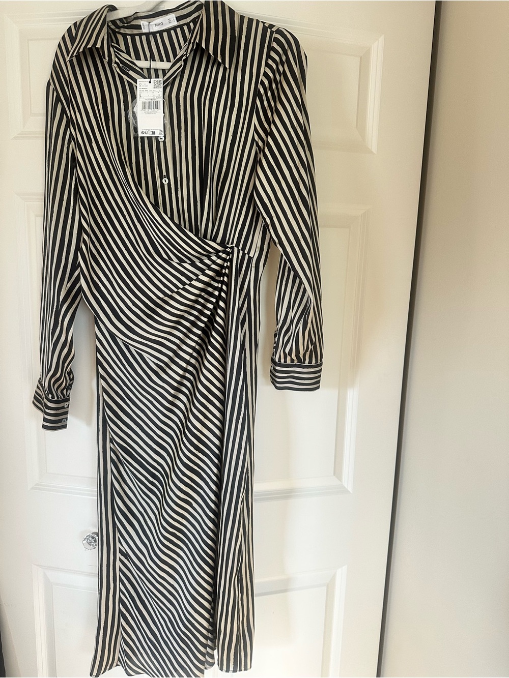Mango Black and White Long Sleeve Wrap-Style Shirt Dress